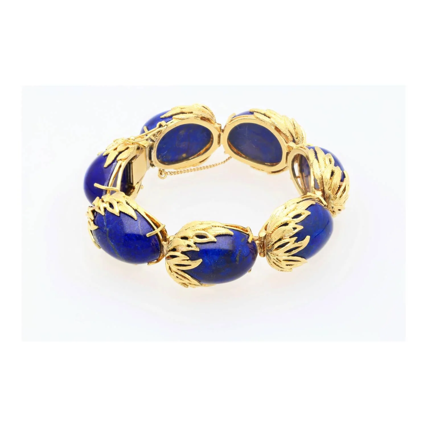 Vintage Retro Era 2.50 CTTW Blue Lapis Lazuli Bracelet in Floral 18K Yellow Gold - Image 4